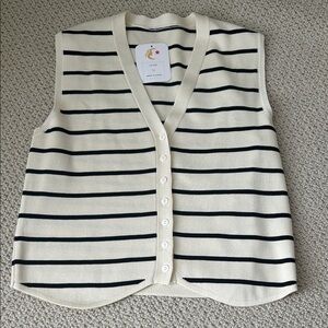 Elegant Black and Cream Striped V-Neck Sweater Vest